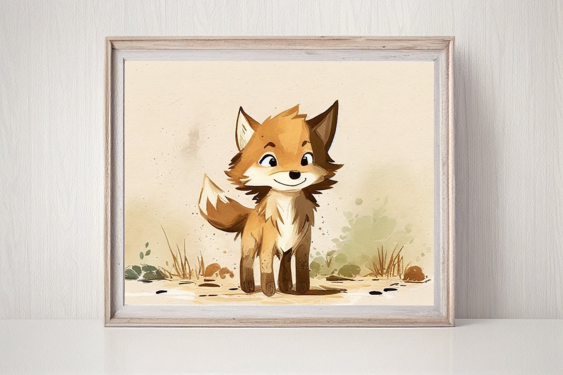 Smiling Baby Fox Cub Watercolor Woodland Nursery Kids Art Poster