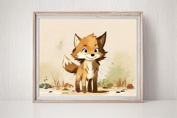 Smiling Baby Fox Cub Watercolor Woodland Nursery Kids Art Poster
