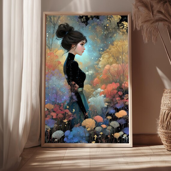 Celestial Woman Wall Art Print Modern Fantasy Portrait Botanical Dreamscape Starry Night Boho Decor A1a5