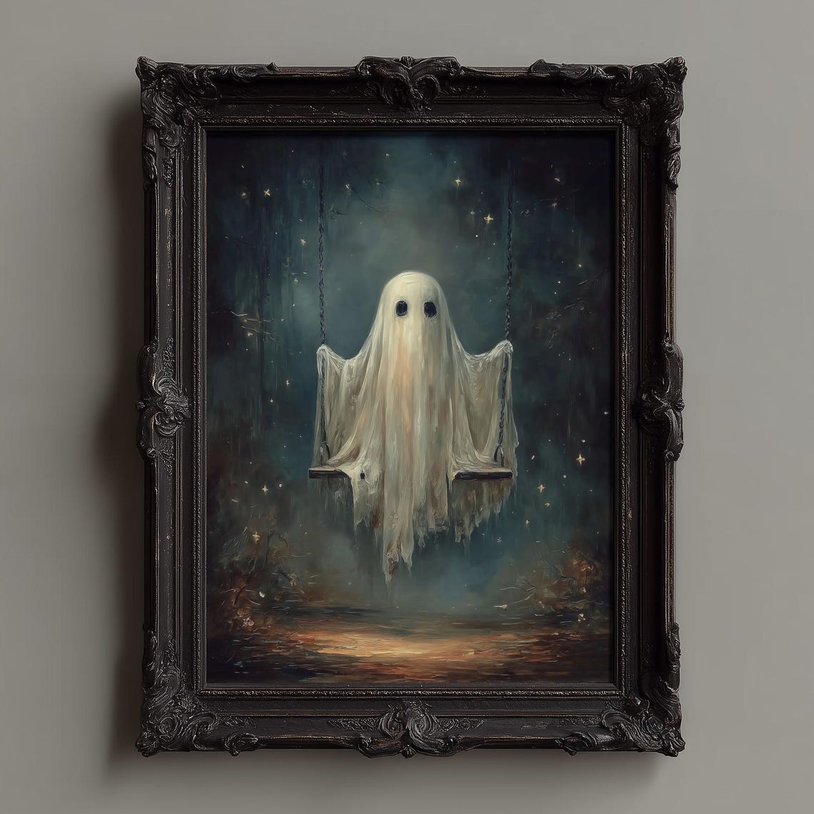 Cute Ghost on a Swing Under a Starry Night Sky Fantasy Poster