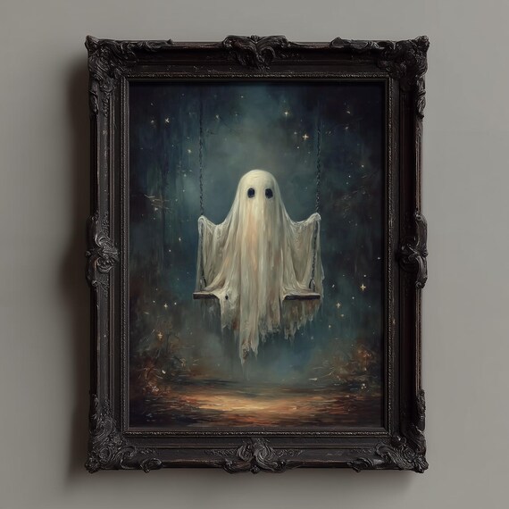 Cute Ghost on a Swing Under a Starry Night Sky Fantasy Poster