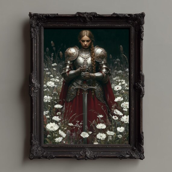 Gothic Female Knight Silver Armor White Flowers Medieval Poster