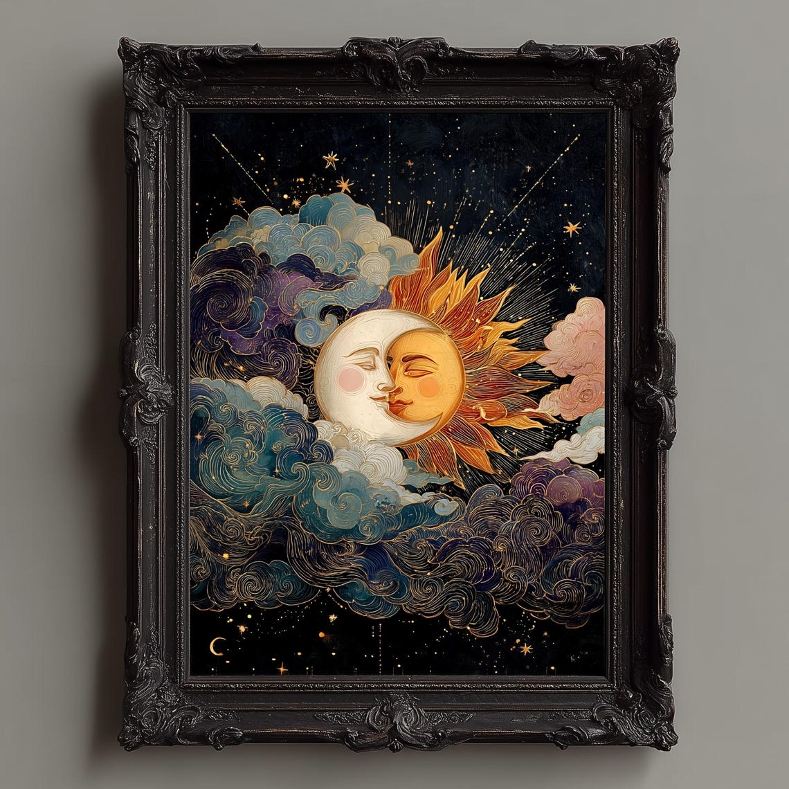 Kissing Sun and Moon Celestial Lovers Romantic Boho Decor Poster