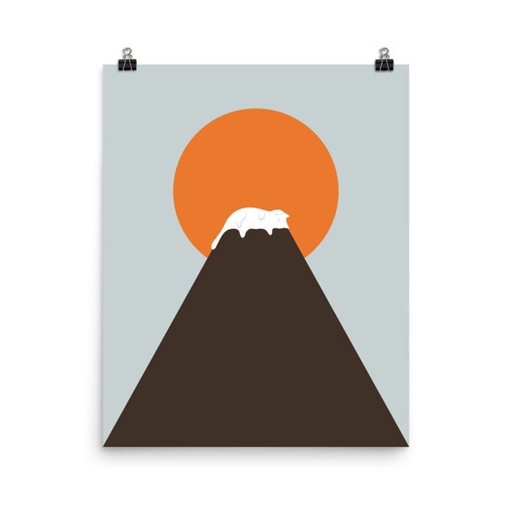 Minimalist Mountain Peak Silhouette Against Orange Sun Art Print