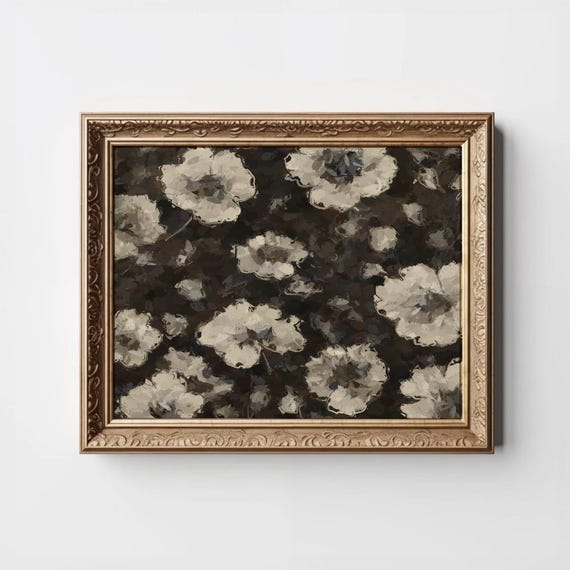 Brown Floral Abstract Print Dark Moody Flower Neutral Art Beige Painting Modern Organic Decor Horizontal Wall Vintage