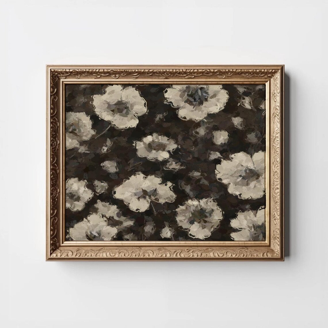 Moody Dark Floral Abstract Painting White Blooms Vintage Neutral Poster