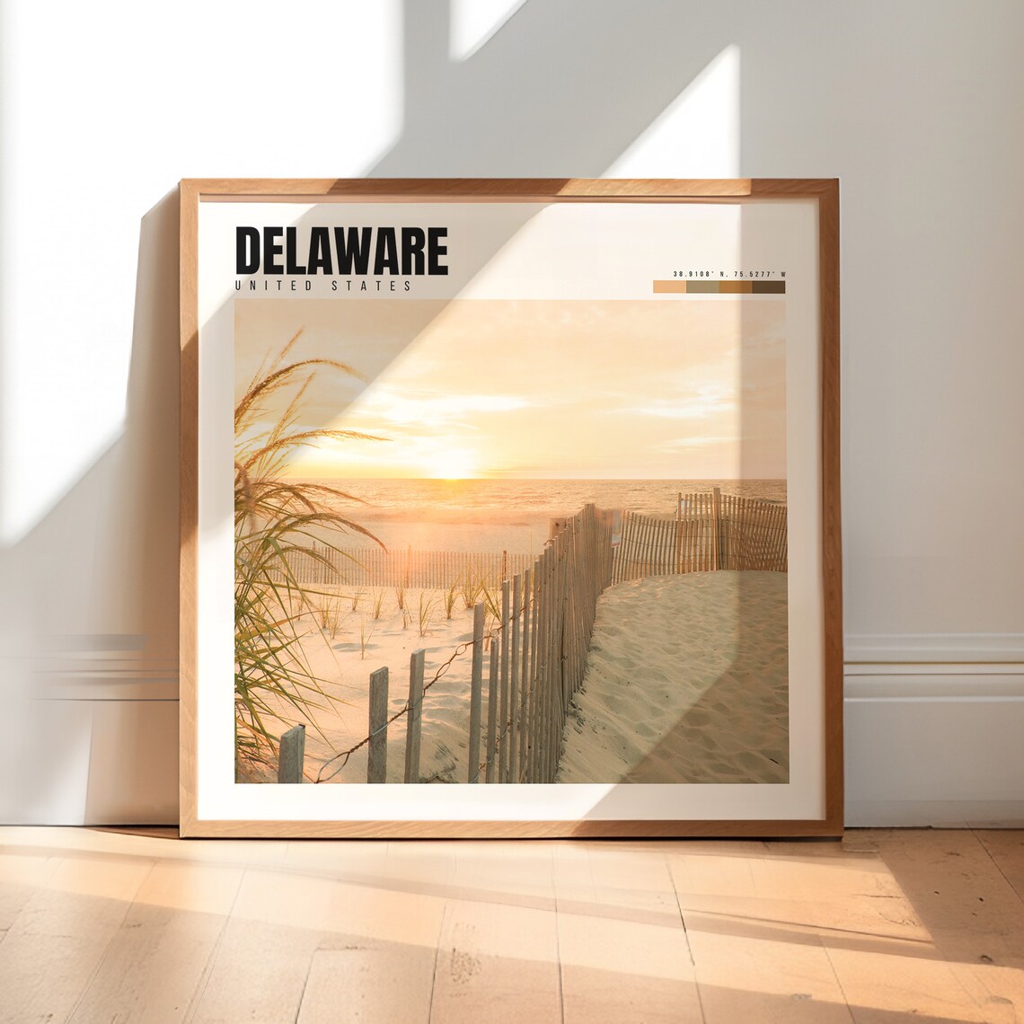 Delaware Beach Sunrise Over Dune Fence and Sea Grass Scene Poster
