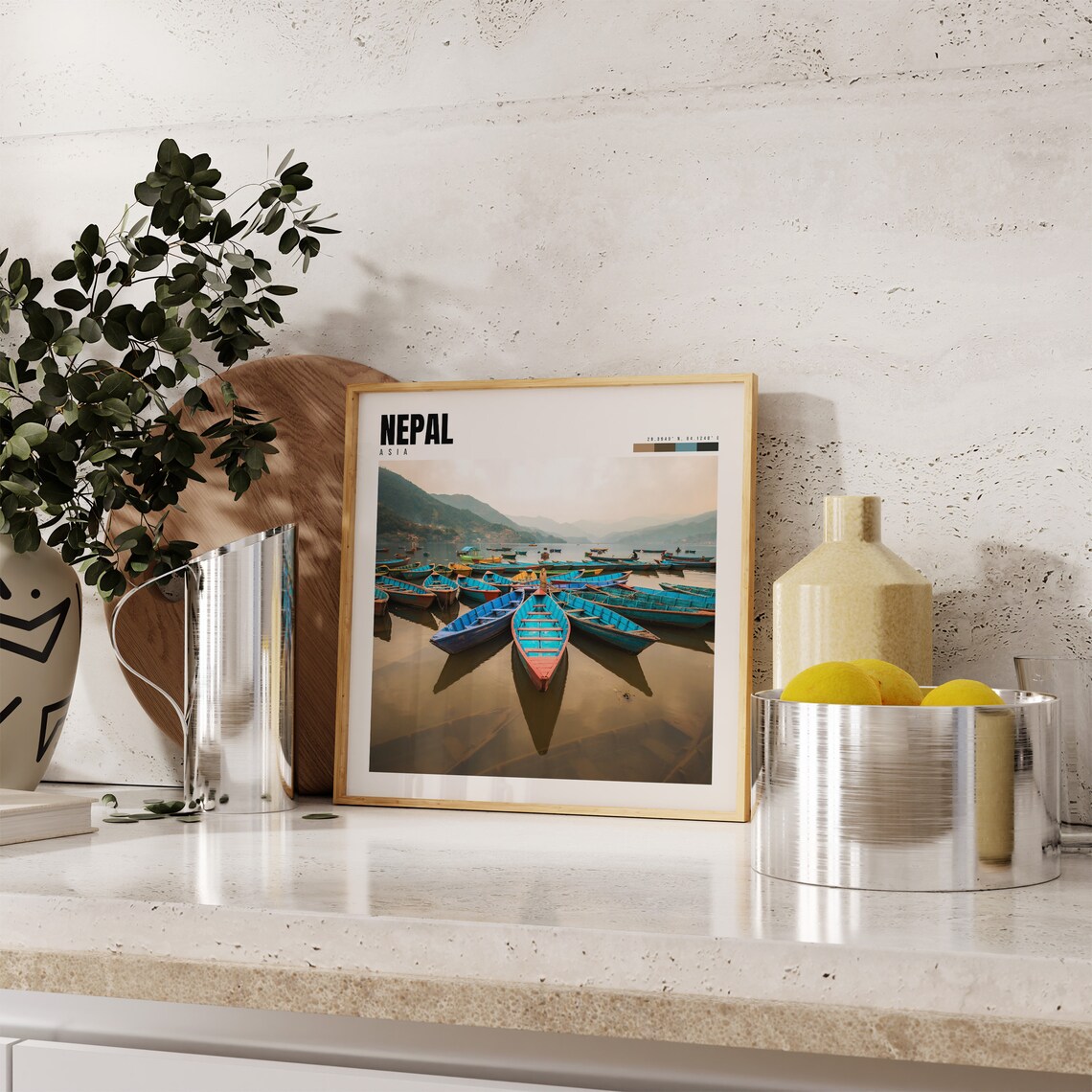 Nepal Phewa Lake Colorful Boats Misty Himalayan Hills Travel Poster - Image 4