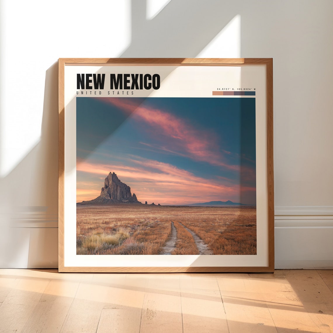 New Mexico Poster with Shiprock Formation in Desert Sunset Glow