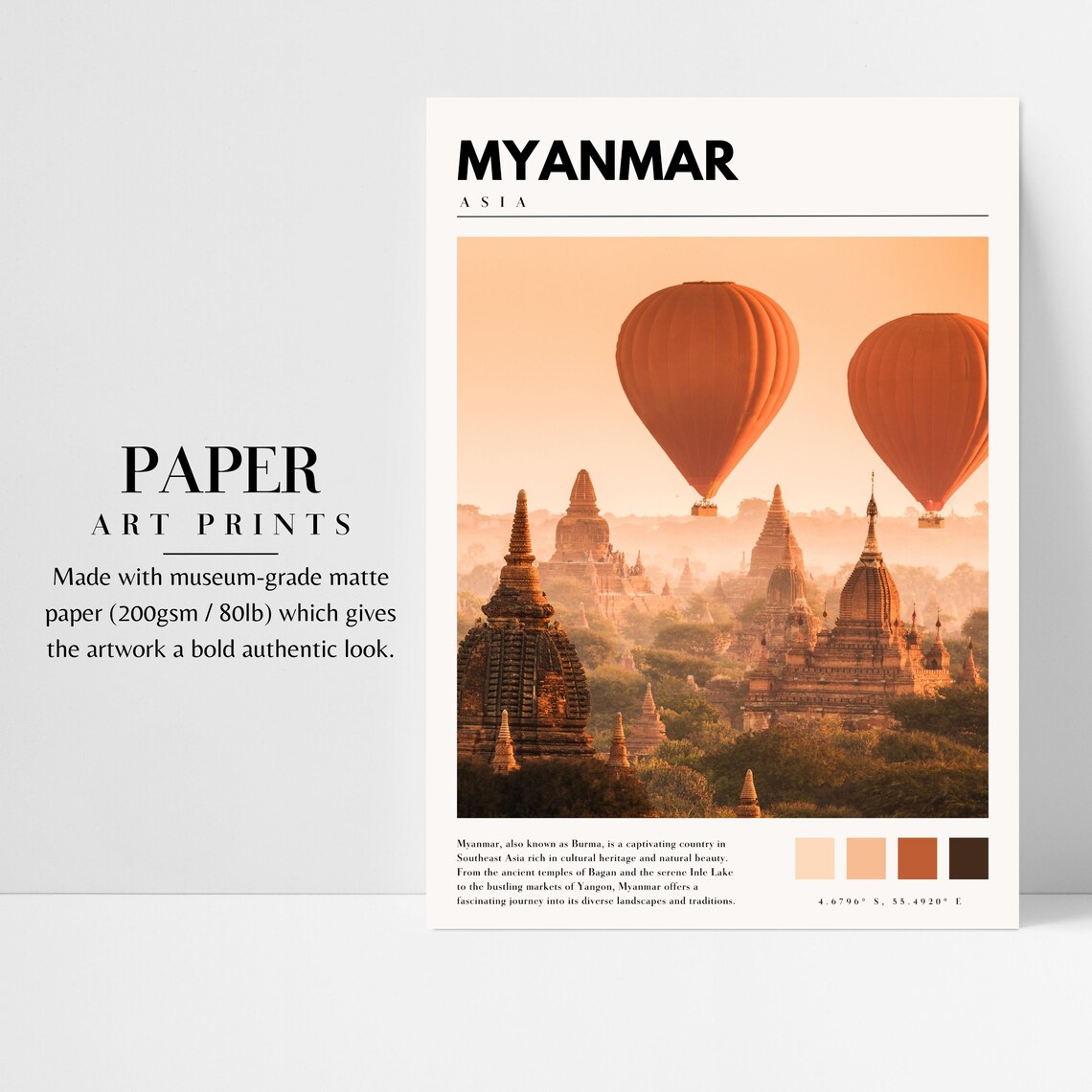 Myanmar Asia Bagan Temples Hot Air Balloons Sunrise Golden Poster - Image 3