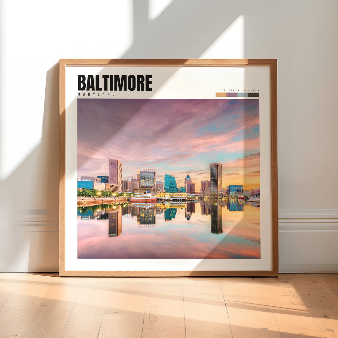 Baltimore Maryland Inner Harbor Sunset Skyline Water Reflection Poster
