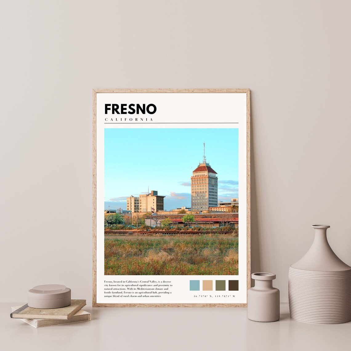 Fresno California City Skyline Blue Sky Downtown Street Travel Poster - Image 4