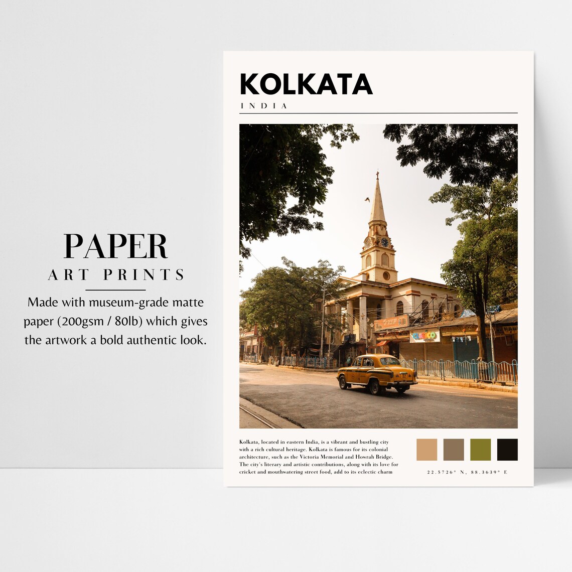 Kolkata India Yellow Taxi Colonial Street Church Spire Travel Poster - Image 3