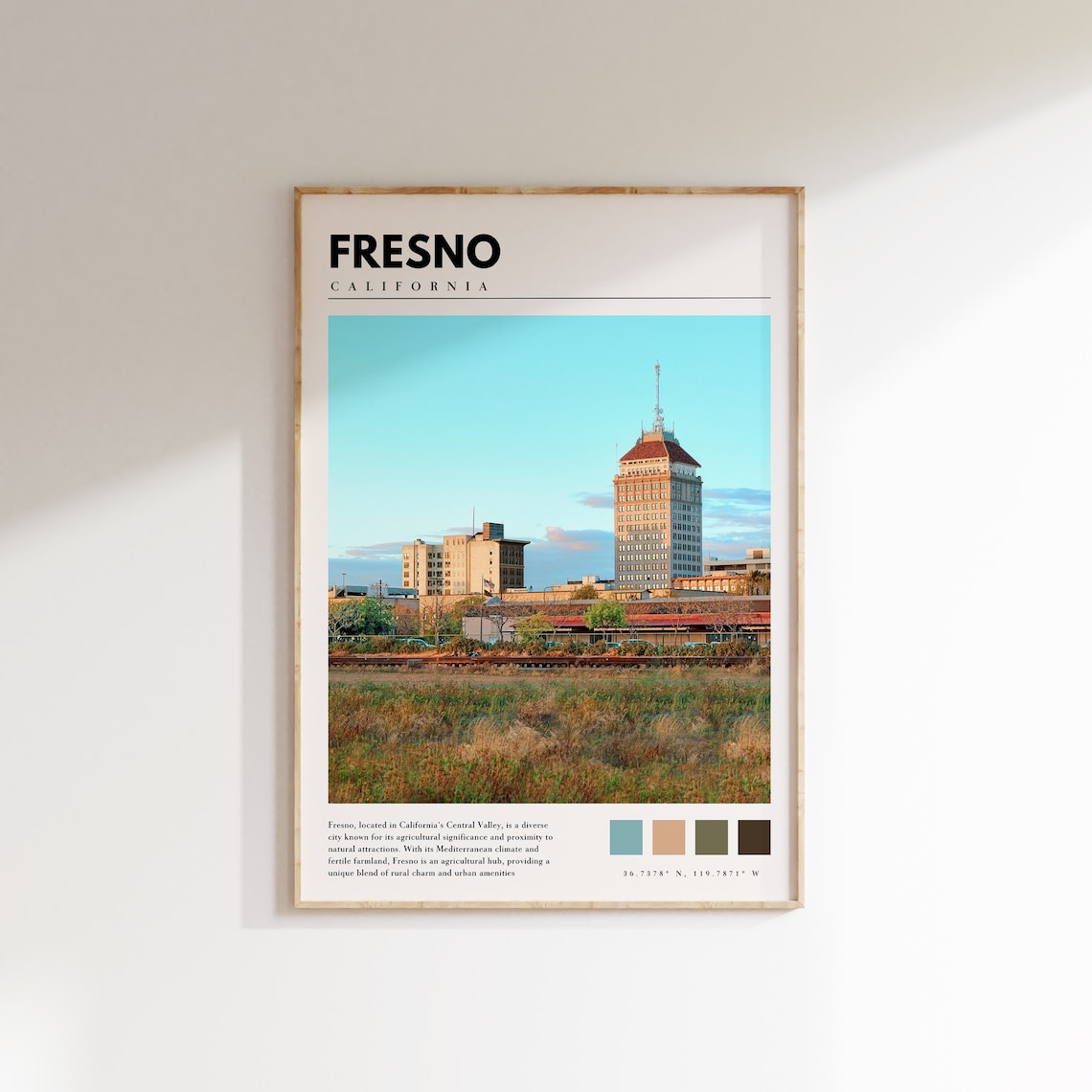 Fresno California City Skyline Blue Sky Downtown Street Travel Poster