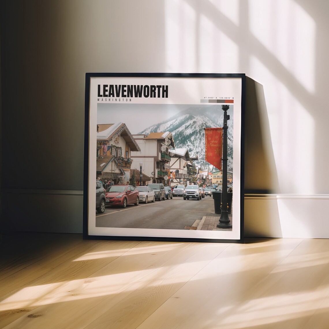 Leavenworth Poster with Bavarian Village Street and Snowy Peaks - Image 3