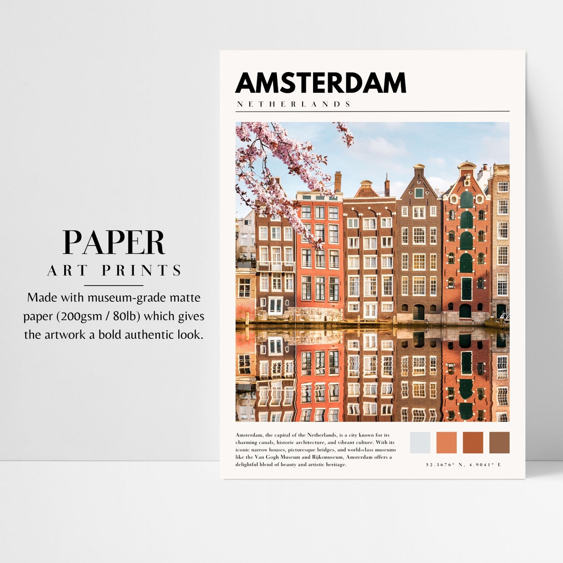 Amsterdam Canal Houses with Spring Blossom Reflection Poster - Image 3