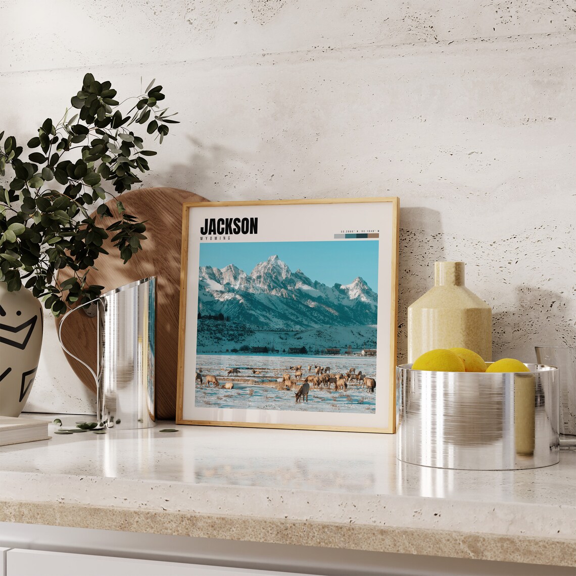 Jackson Wyoming Grand Teton Snow Peaks Elk Herd Winter Poster - Image 4