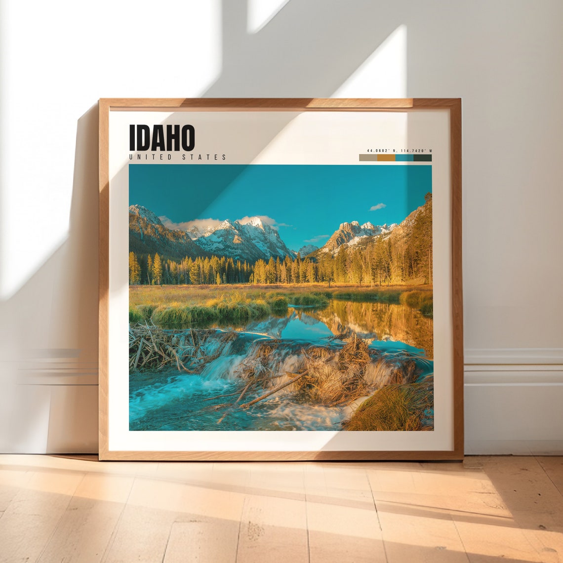 Idaho Mountain Stream Rapids with Snowy Peaks in Back Poster