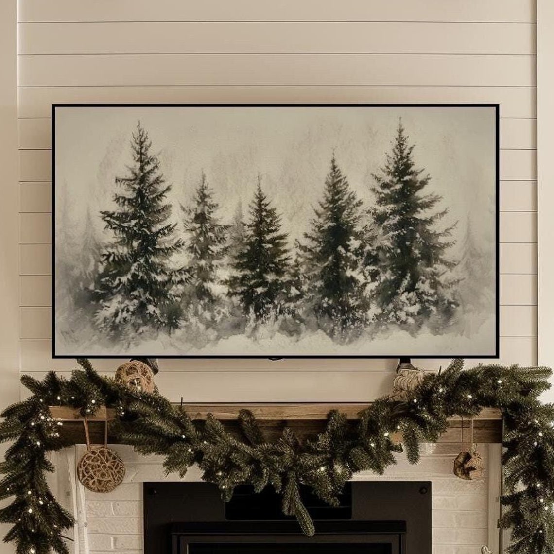Snowy Pine Tree Line Winter Forest Watercolor Frame TV Art Print