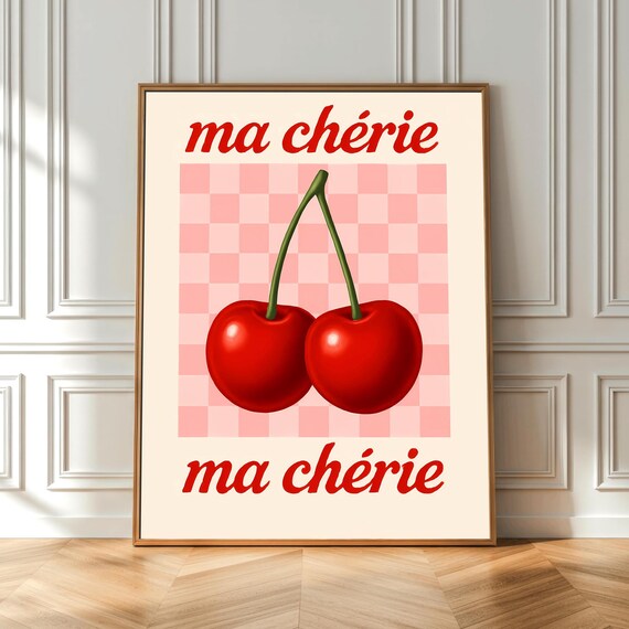 Ma Cherie Cherries French Retro Typography Pink Checkerboard Wall Art