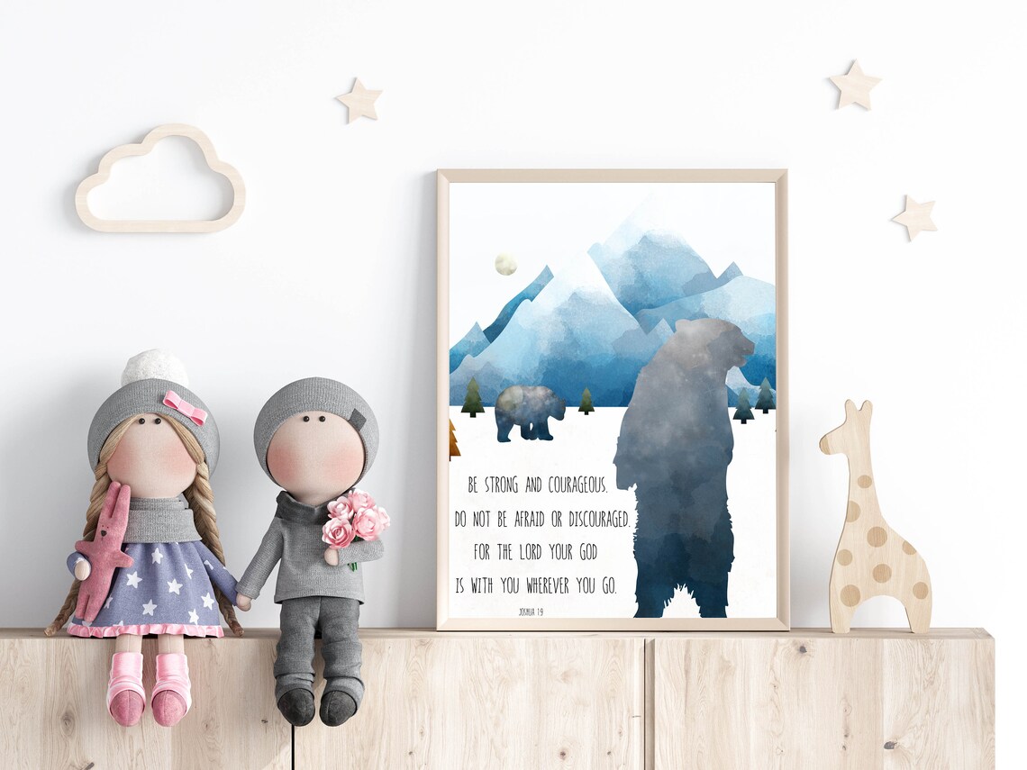 Joshua 19 Be Strong And Courageous Bears Mountains Watercolor Scripture Poster - Image 2