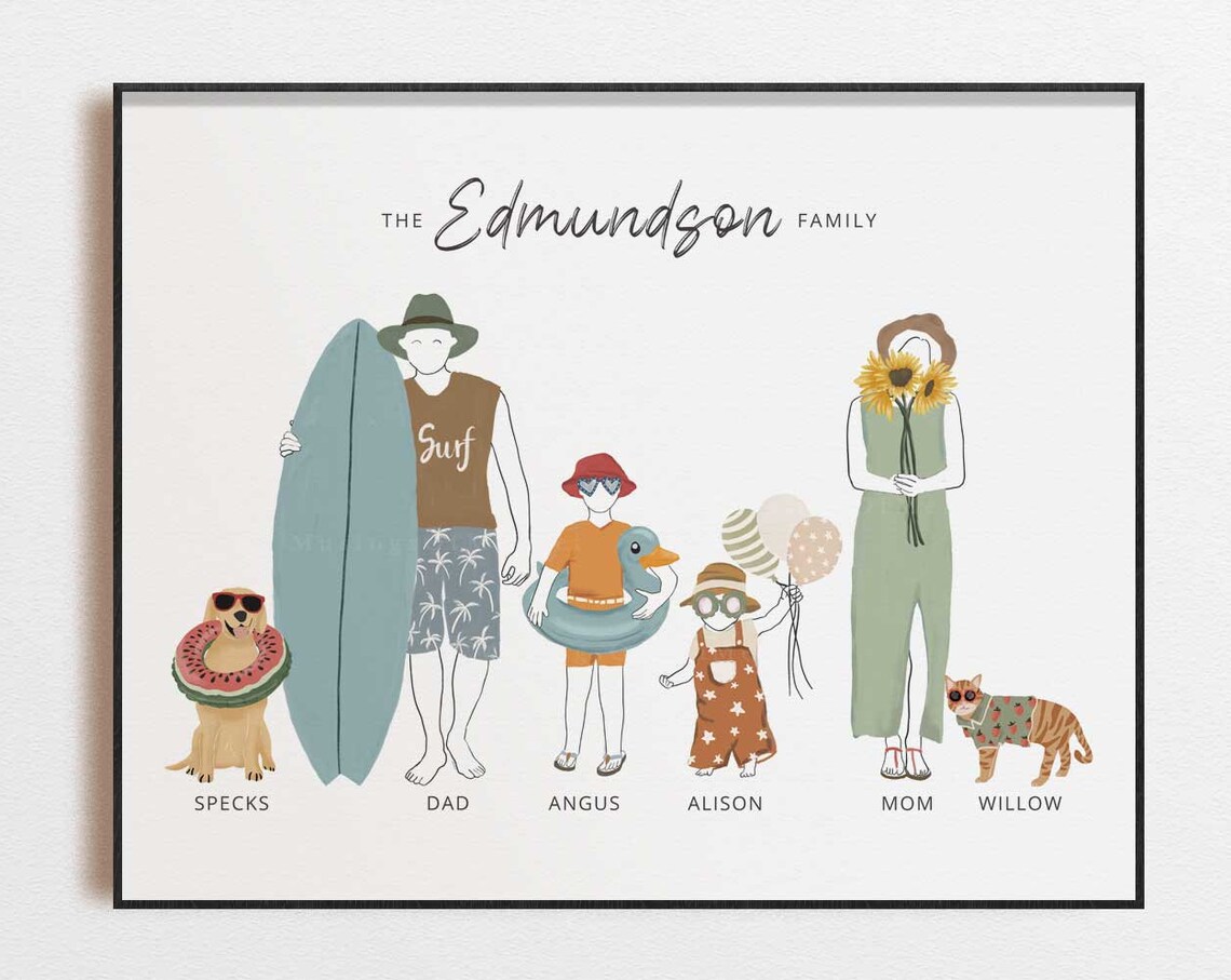 Edmundson Family Beach Day Illustrated Surf Portrait Customizable Art Poster