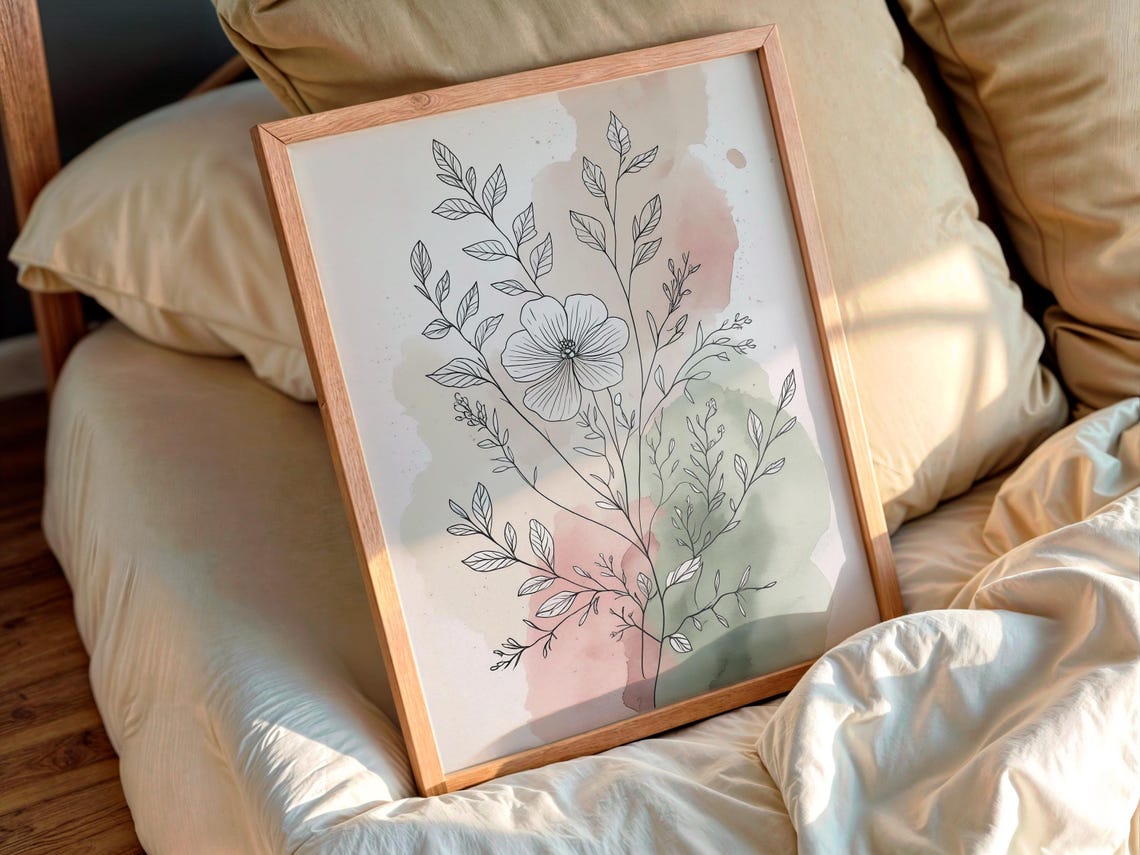 Minimalist Single Flower Line Art Pastel Watercolor Botanical Poster