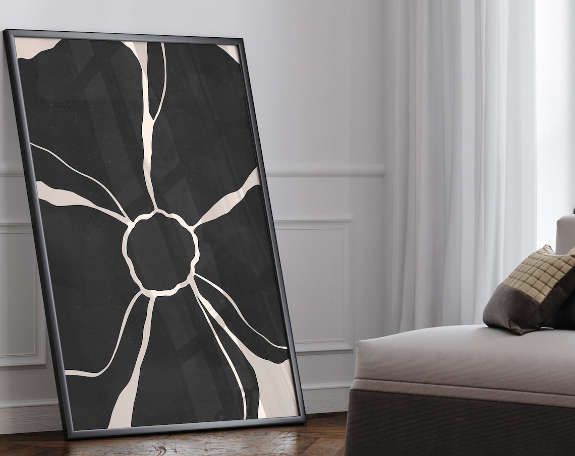 Black And Beige Flower Art Print, Organic Minimalist Boho