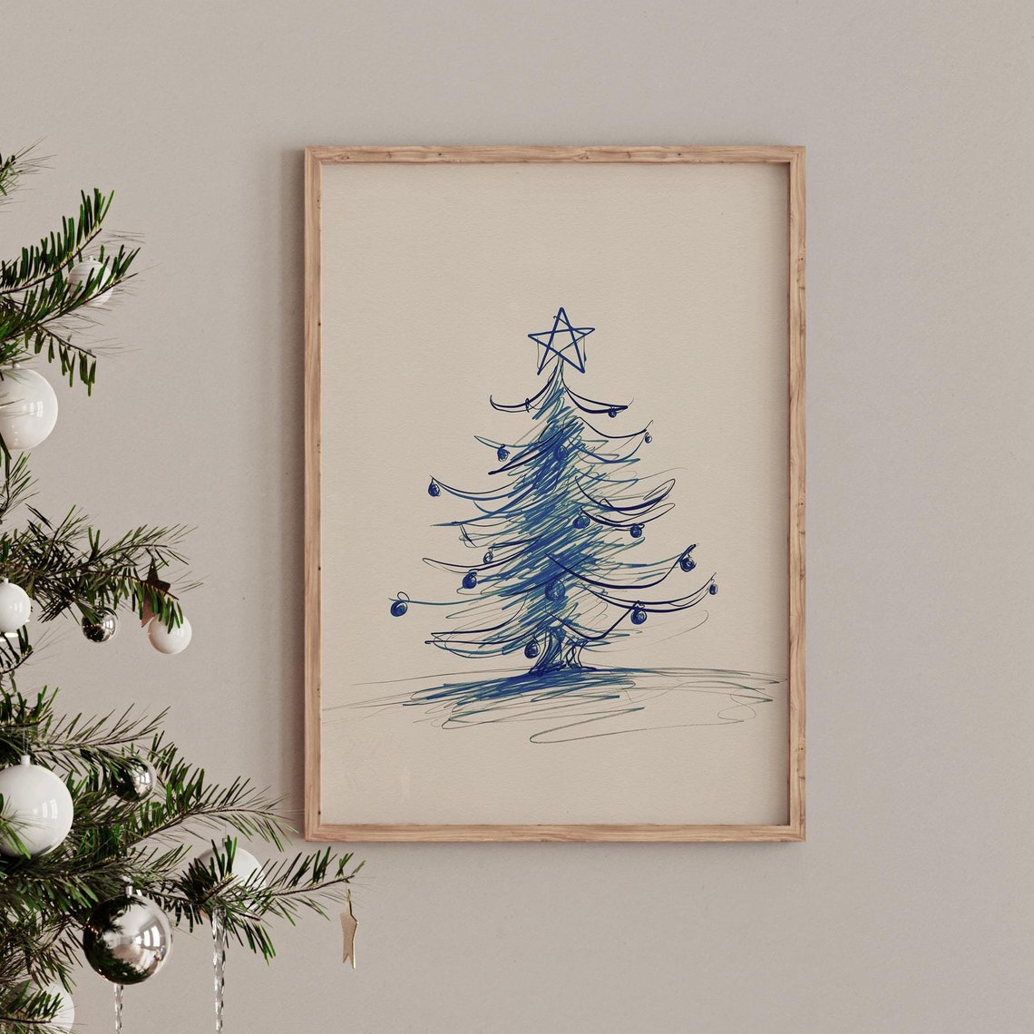 Minimalist Blue Ink Christmas Tree Sketch Winter Holiday Poster