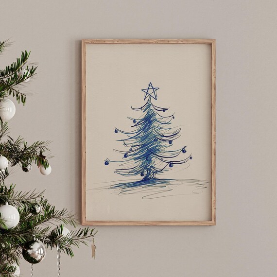 Minimalist Blue Ink Christmas Tree Sketch Winter Holiday Poster