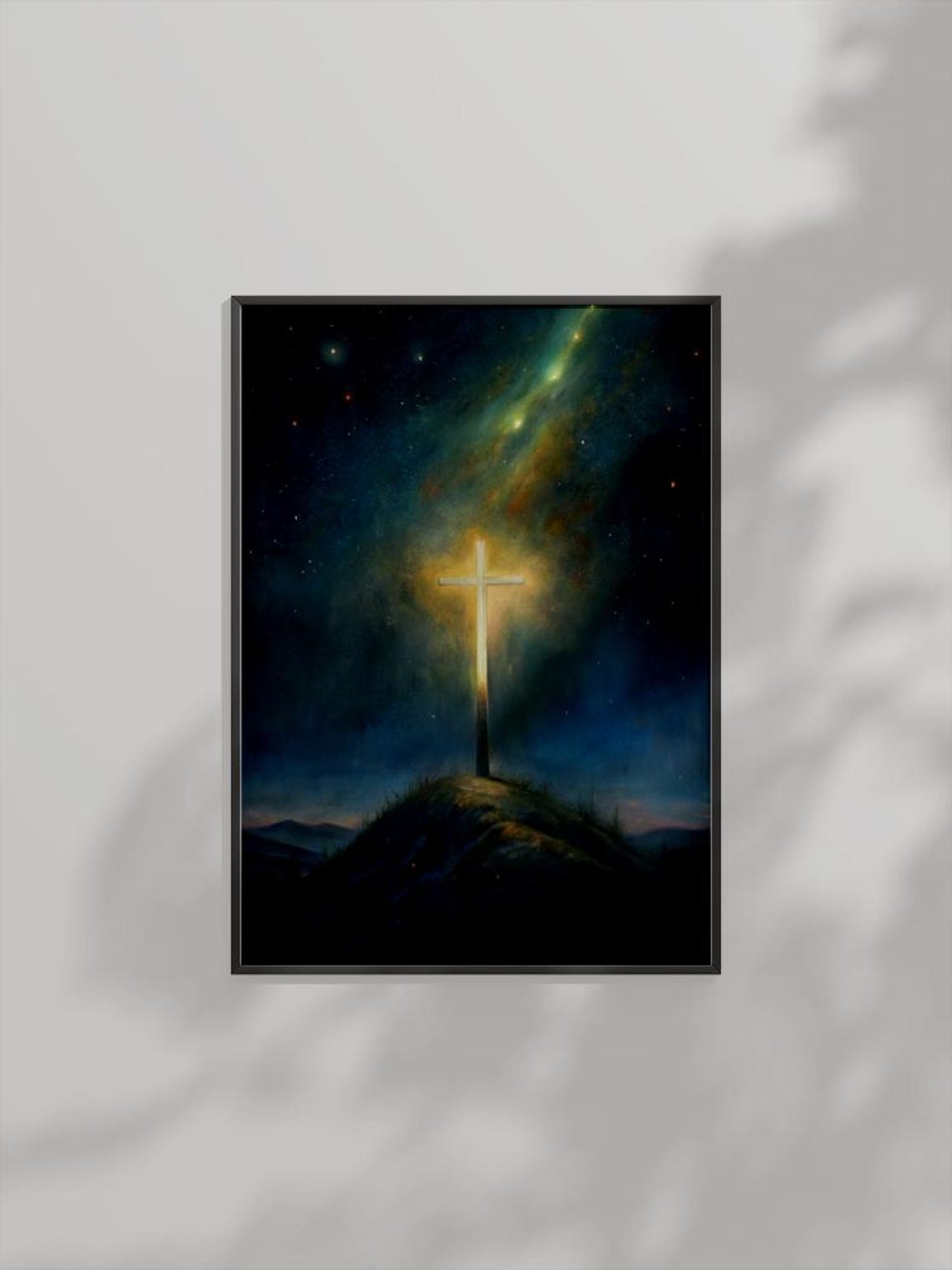Glowing Golden Cross On Hilltop Under Starry Night Sky Poster