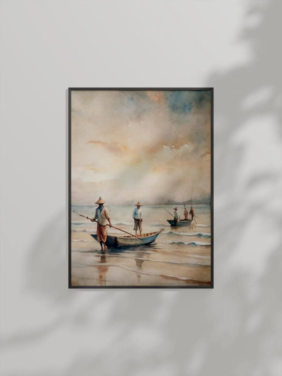 Fishermen Dawn Watercolor Small Boats Conical Hat Shore Poster Art