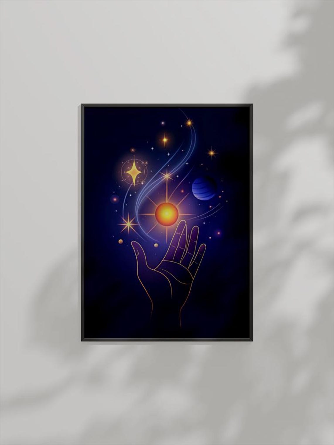 Mystical Hand Holding Sun Planets Stars Celestial Cosmic Poster