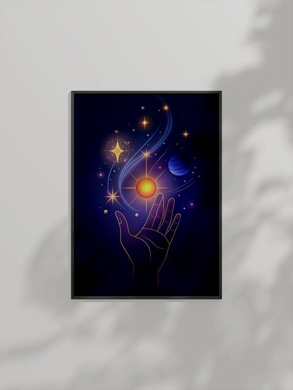 Mystical Hand And Planets Wall Art Celestial Cosmic Painting Spiritual Home Decor