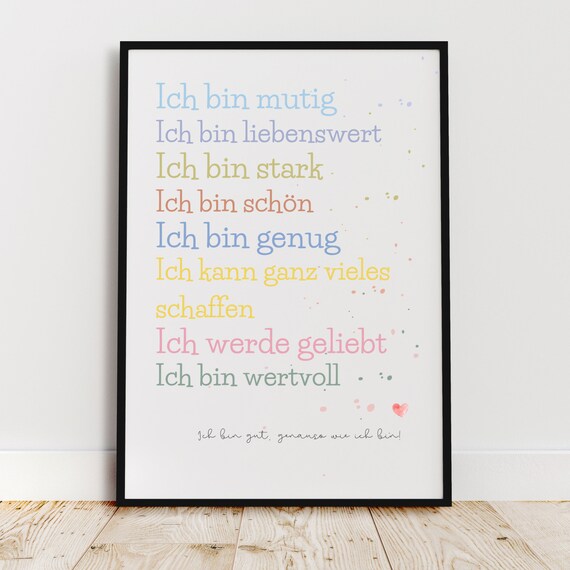 Kids Positive Affirmations Poster I Am Brave Strong Loved Colorful