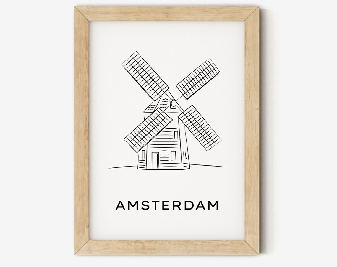 Amsterdam Windmill Line Art Minimalist Netherlands Travel Wall Poster