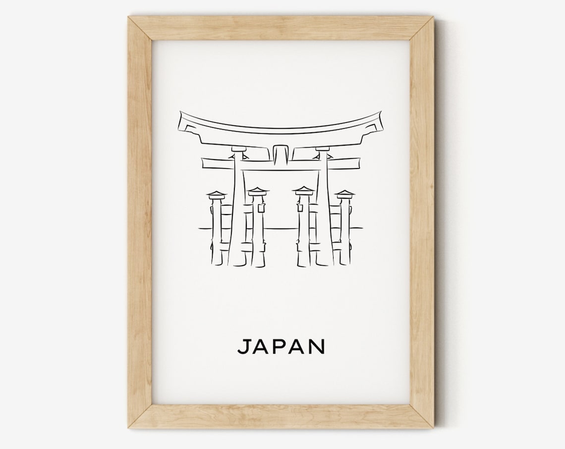 Japanese Torii Gate Line Art Black and White Japan Travel Poster