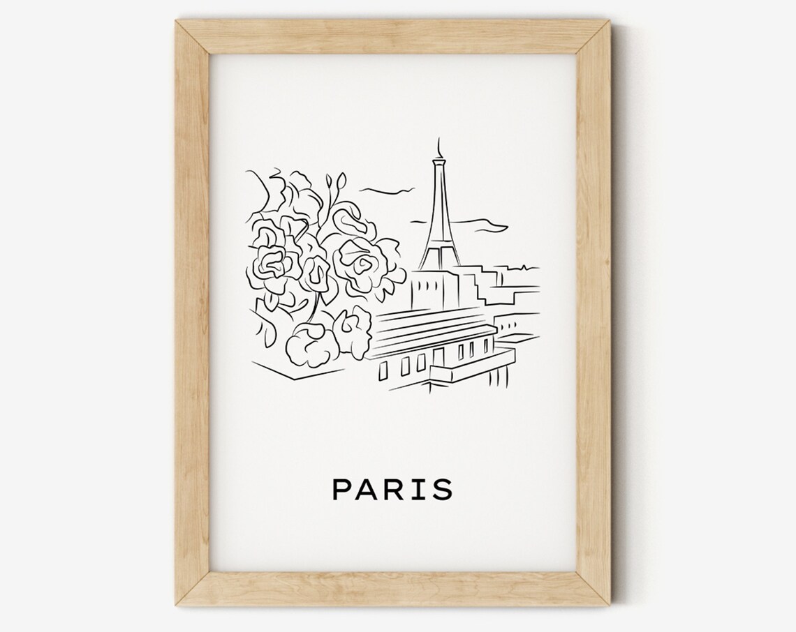 Eiffel Tower Roses Paris Black and White Line Art Travel Poster