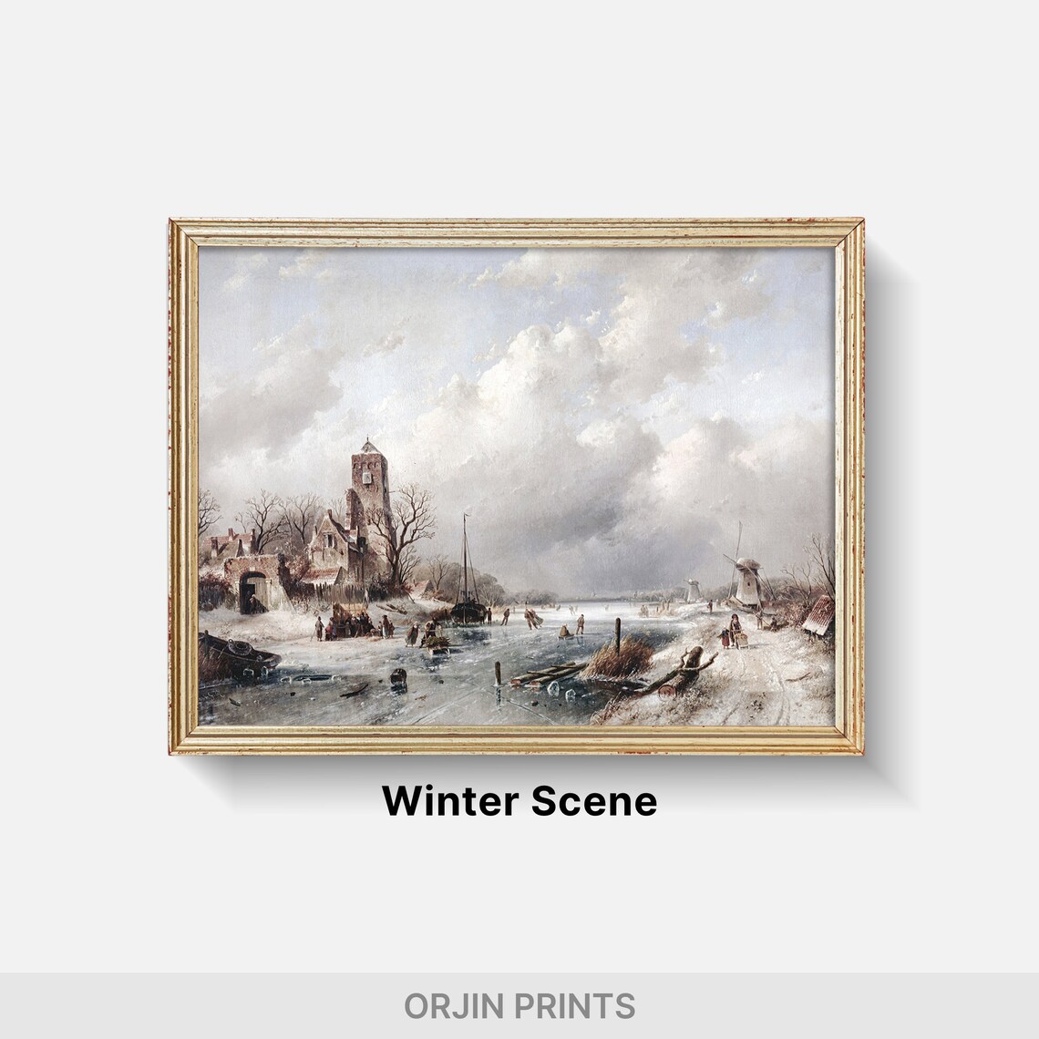 Frozen River Skaters and Windmill Dutch Winter Village Painting Poster - Image 2
