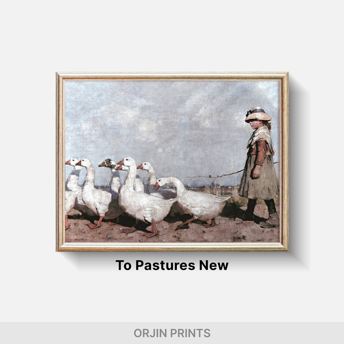 Girl Herding White Geese Vintage Farmhouse Painting Style Poster - Image 2
