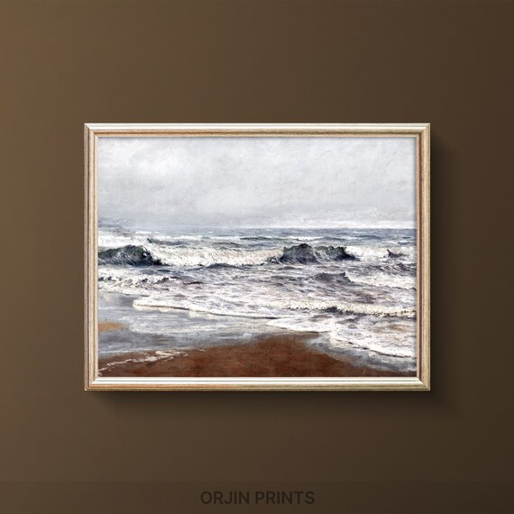Breaking Ocean Waves Gray Seascape Vintage Coastal Art Poster