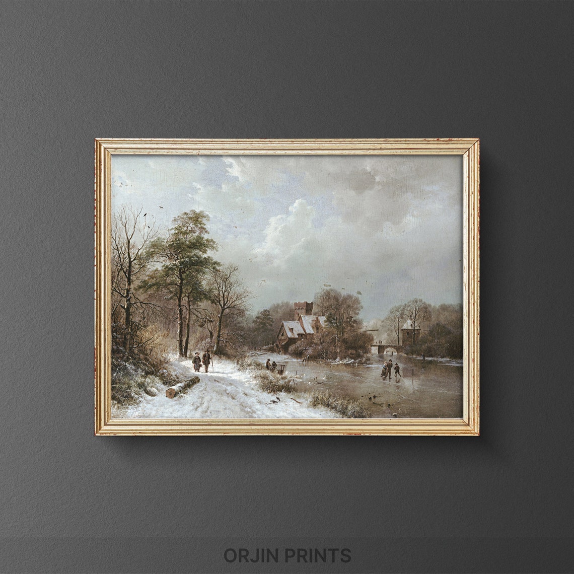 Snowy Winter Path and Frozen River Skaters Vintage Art Poster