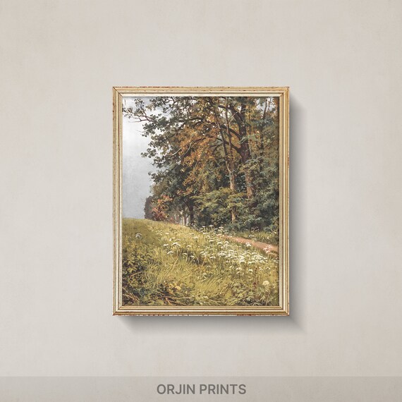 Forest Edge Meadow with Wildflowers Summer Woodland Trail Painting Poster