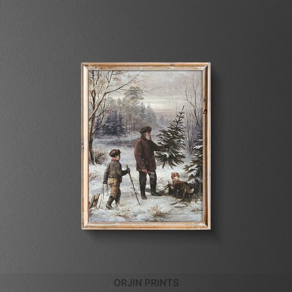 Christmas Tree Hunt Vintage Winter Scene Man Boy Dog Snowy Poster