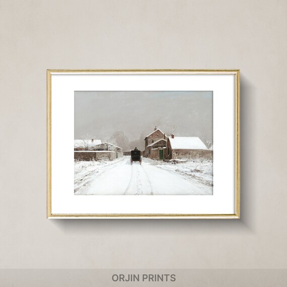 Snowy Village Road Horse Drawn Carriage Vintage Winter Poster