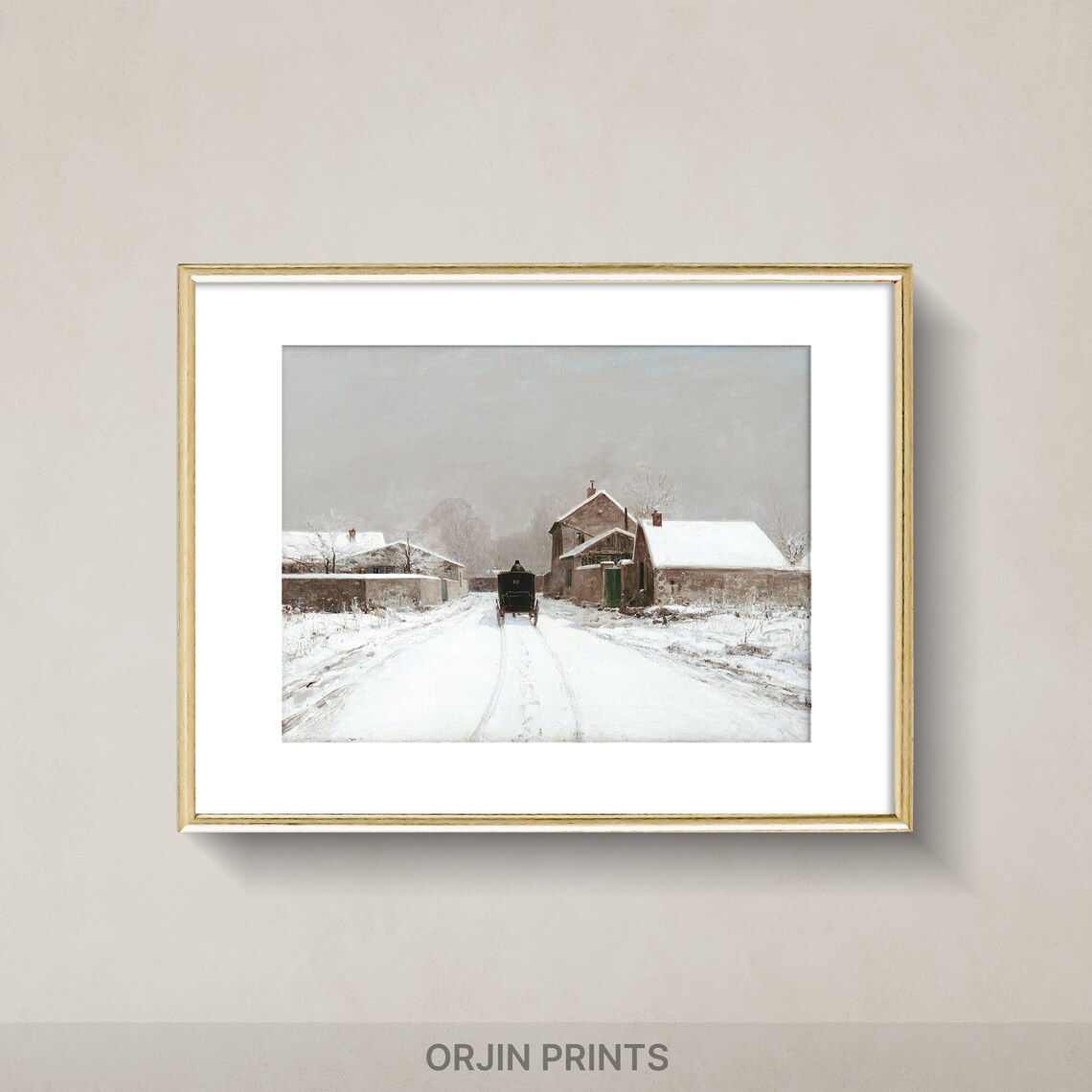 Snowy Village Road Horse Drawn Carriage Vintage Winter Poster