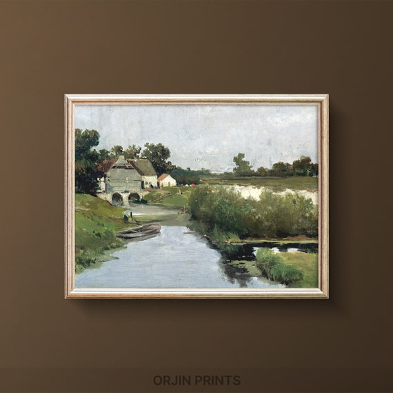 Serene Village Art Vintage Mill House Painting Rustic Riverside Landscape Orjin Prints 753