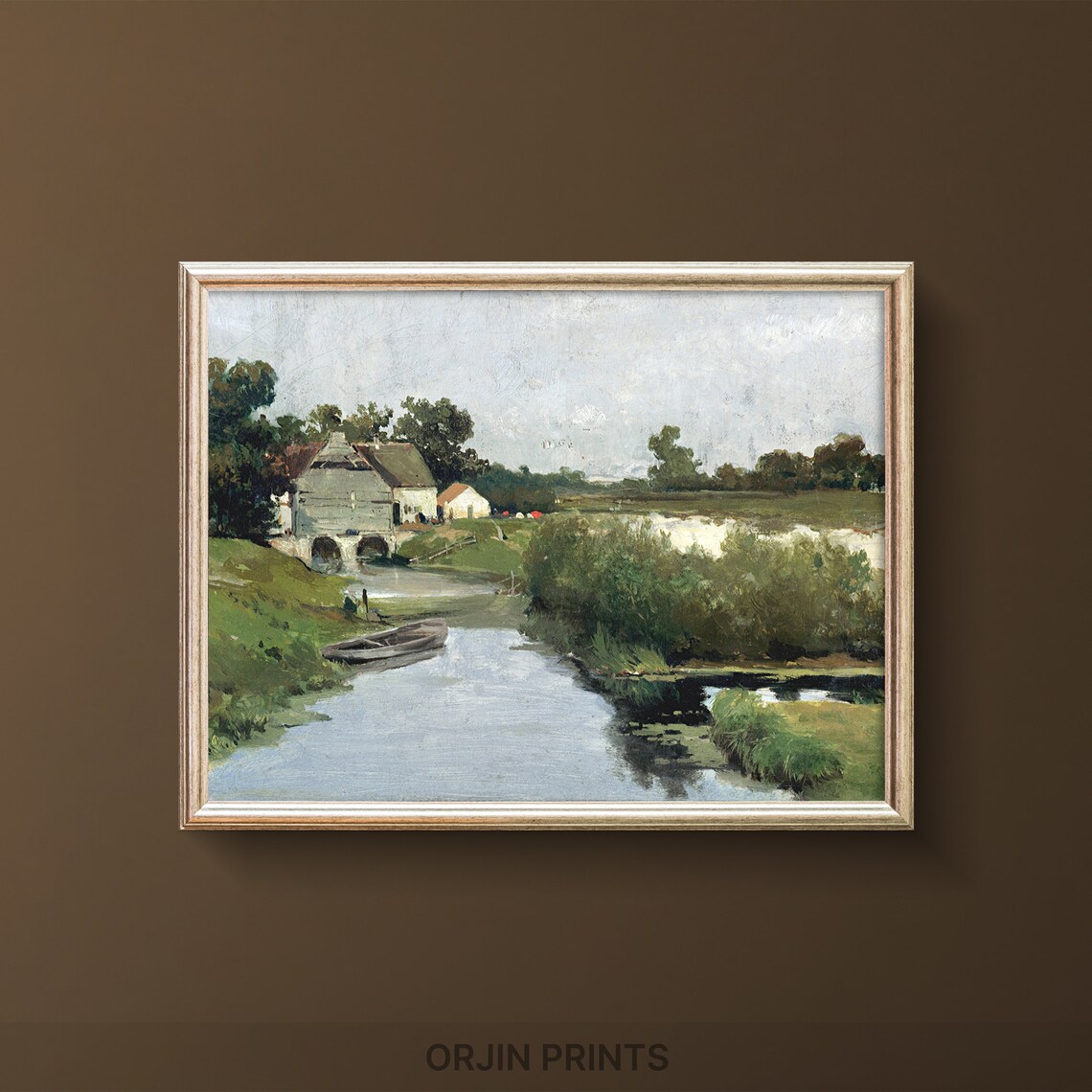 Riverside Watermill Stone Bridge Rowing Boat Serene Vintage Art Poster