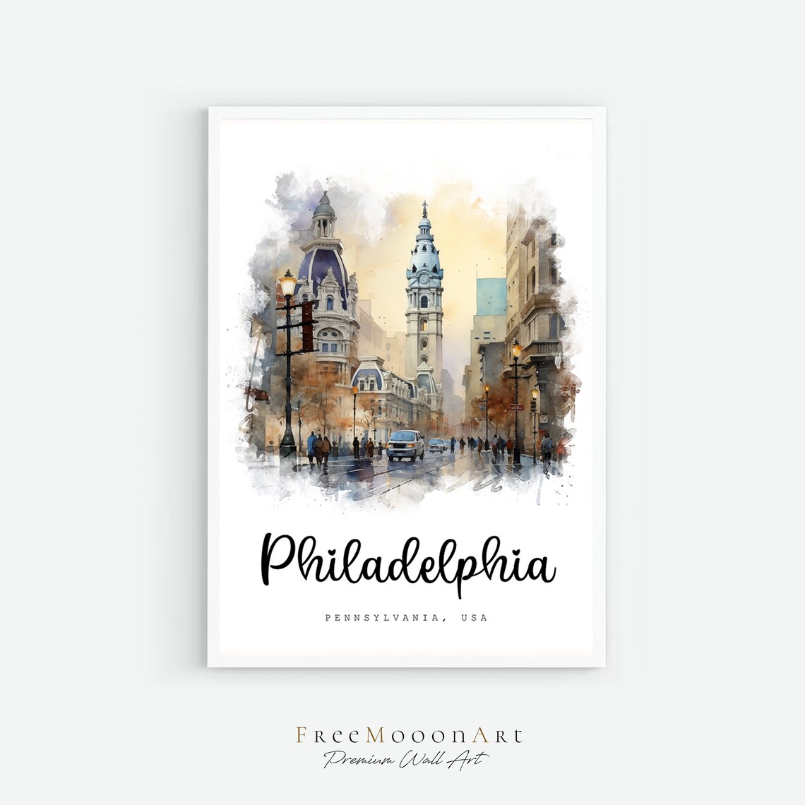 Philadelphia Pennsylvania City Hall Street Watercolor Travel Poster
