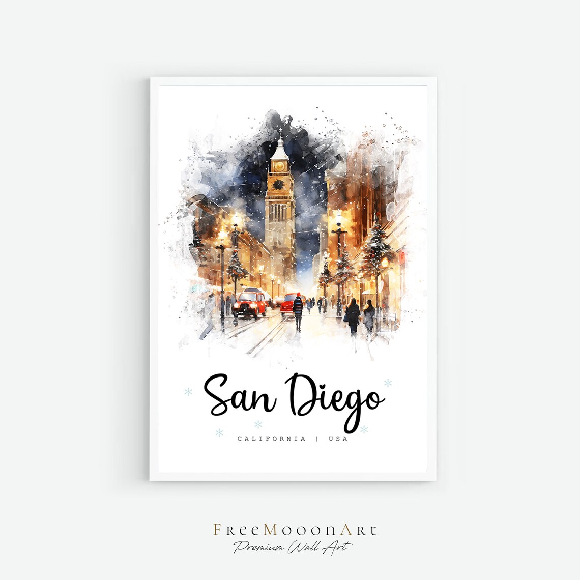 San Diego California Winter Snowy Street Watercolor Travel Poster